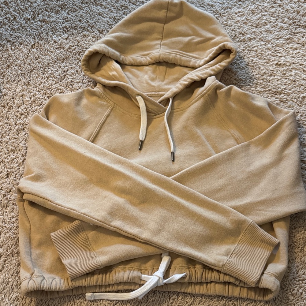 Hollister Tan Cropped Hooded Sweatshirt with Drawstring